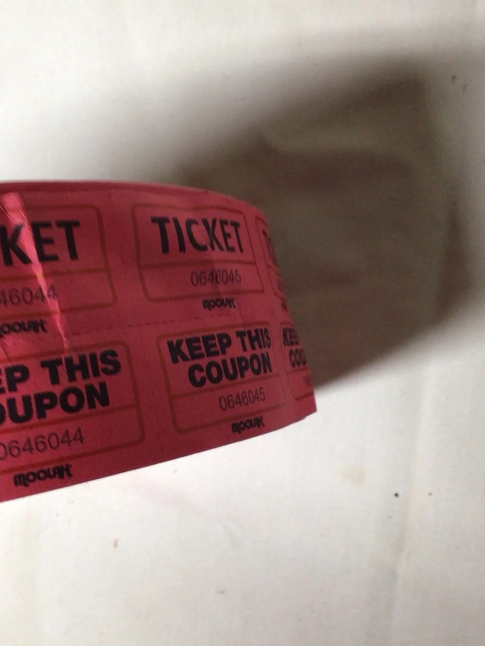 Source Unknown Red Raffle Ticket Roll with Black Print